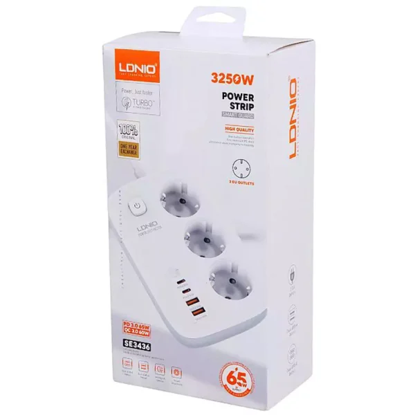 چند راهی 3 خانه برق ارت دار الدینیو SE3436 با کابل 2 متری + شارژر USB و Type-C