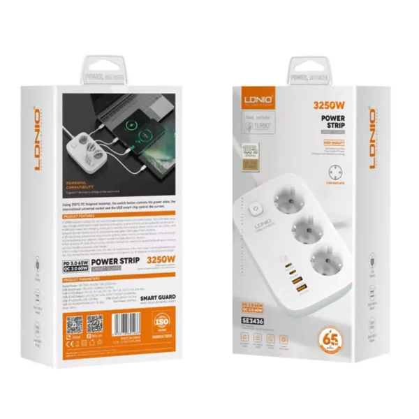 چند راهی 3 خانه برق ارت دار الدینیو SE3436 با کابل 2 متری + شارژر USB و Type-C