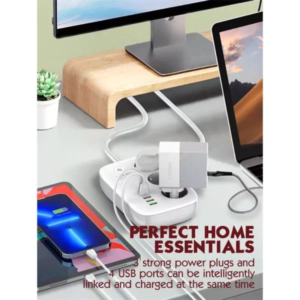 چند راهی 3 خانه برق ارت دار هوشمند الدینیو SEW3452 با کابل 2 متری + شارژر USB و Type-C