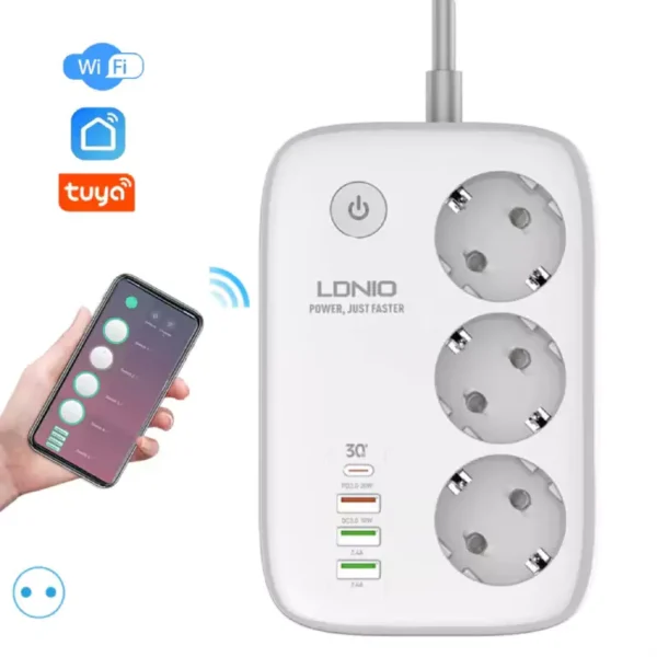 چند راهی 3 خانه برق ارت دار هوشمند الدینیو SEW3452 با کابل 2 متری + شارژر USB و Type-C