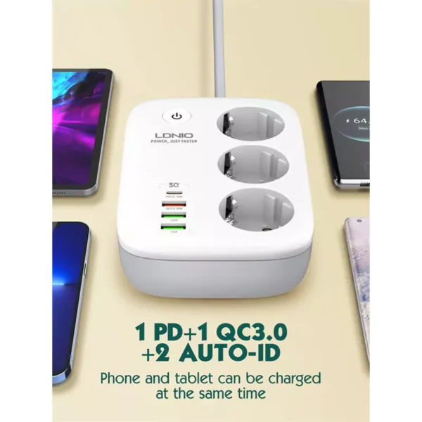 چند راهی 3 خانه برق ارت دار هوشمند الدینیو SEW3452 با کابل 2 متری + شارژر USB و Type-C