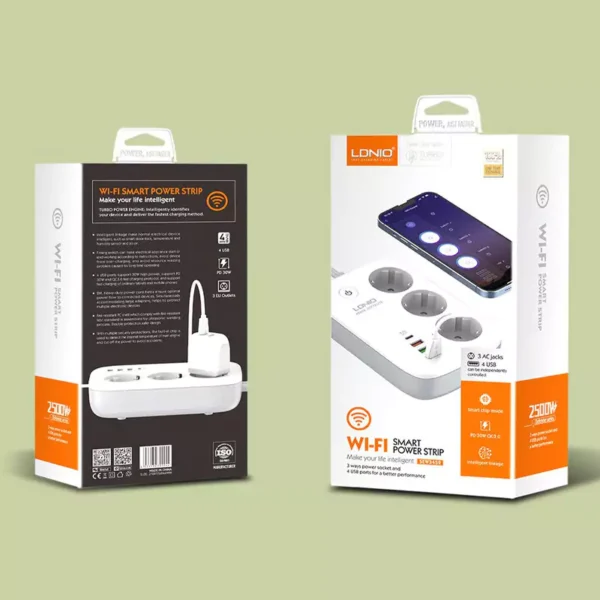 چند راهی 3 خانه برق ارت دار هوشمند الدینیو SEW3452 با کابل 2 متری + شارژر USB و Type-C