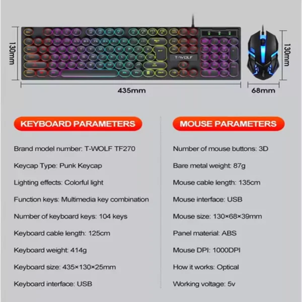 کیبورد و ماوس سیم دار گیمینگ T-WOLF تی ولف مدل TF270
