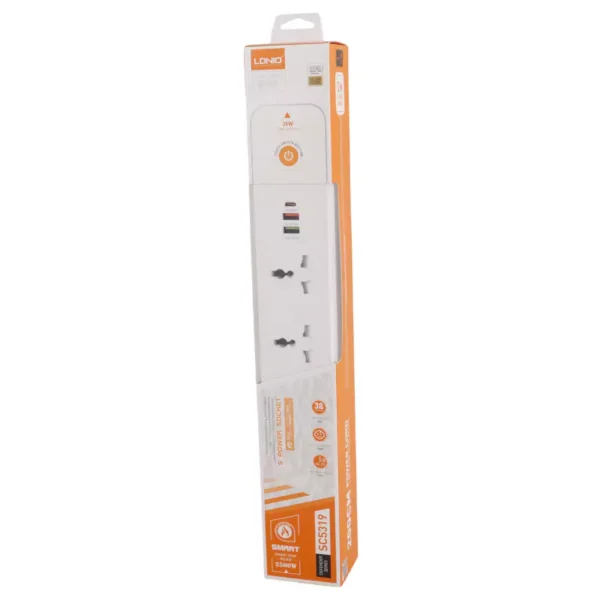 چند راهی 5 خانه برق ارت دار الدینیو SC5319 با کابل 2 متری + شارژر USB و Type-C