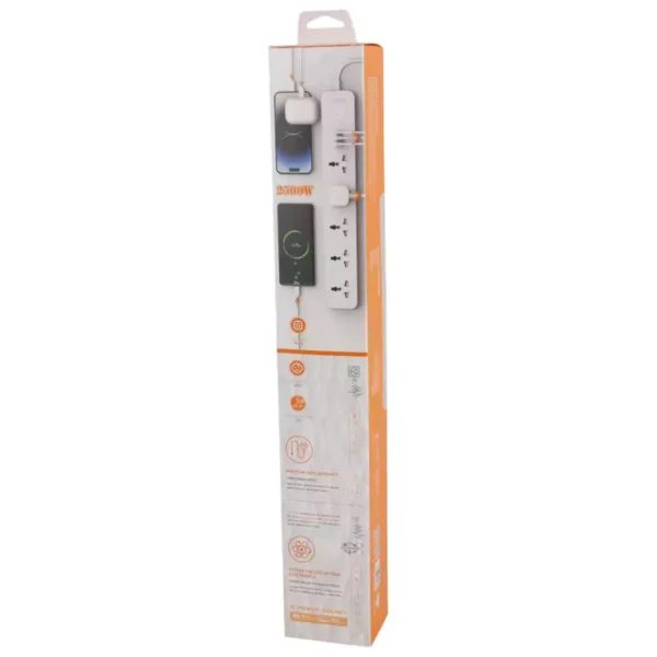 چند راهی 5 خانه برق ارت دار الدینیو SC5319 با کابل 2 متری + شارژر USB و Type-C