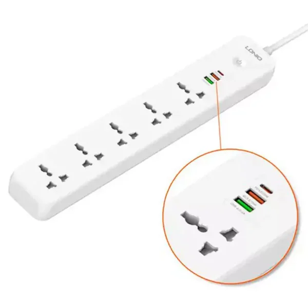 چند راهی 5 خانه برق ارت دار الدینیو SC5319 با کابل 2 متری + شارژر USB و Type-C