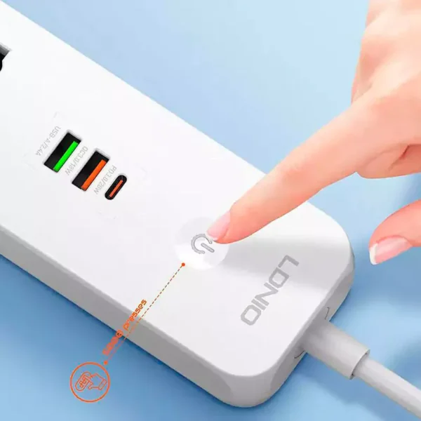 چند راهی 5 خانه برق ارت دار الدینیو SC5319 با کابل 2 متری + شارژر USB و Type-C