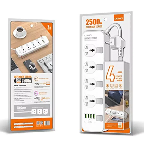 چند راهی 4 خانه برق ارت دار LDNIO SC4408 با کابل 2 متری + شارژر USB